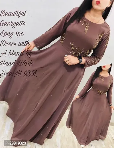 Elegant Brown Embroidered Georgette Long Kurta For Women-thumb0