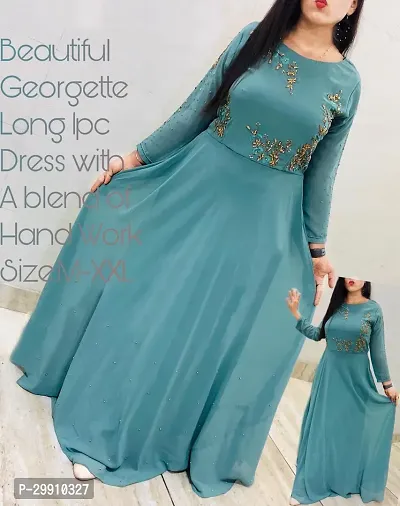 Elegant Turquoise Embroidered Georgette Long Kurta For Women-thumb0