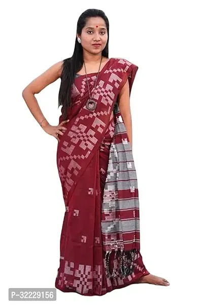 Beautiful Maroon Khadi Cotton Self Pattern Saree With Blouse Piece For Women-thumb0