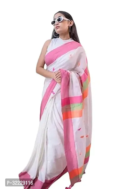 Beautiful White Khadi Cotton Self Pattern Saree With Blouse Piece For Women-thumb0