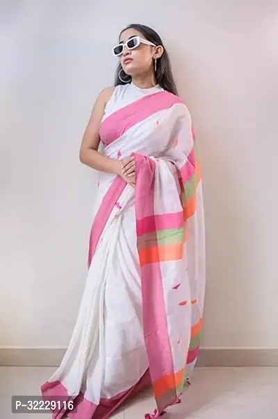 Beautiful White Khadi Cotton Self Pattern Saree With Blouse Piece For Women-thumb2