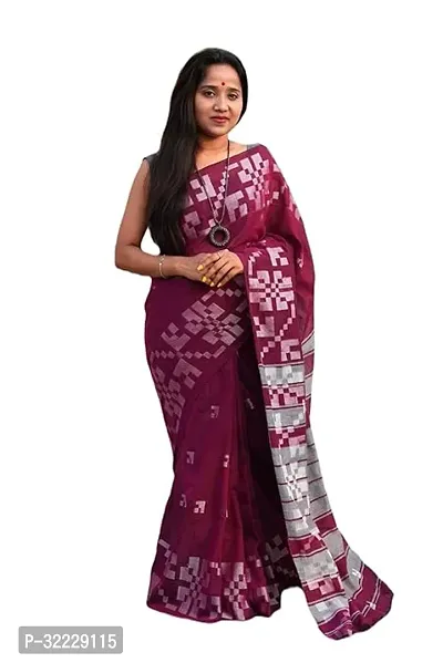 Beautiful Wine Khadi Cotton Self Pattern Saree With Blouse Piece For Women-thumb0