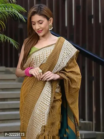 Beautiful Brown Khadi Cotton Self Pattern Saree With Blouse Piece For Women-thumb3