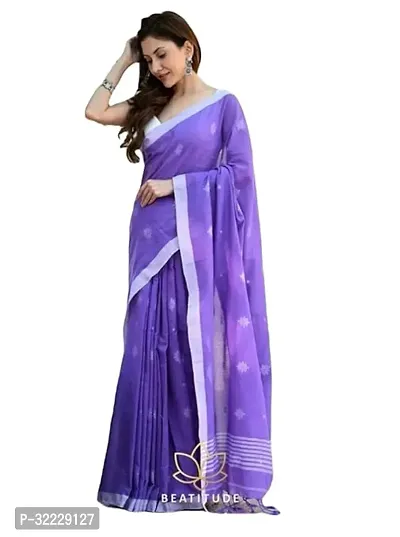 Beautiful Violet Cotton Self Pattern Saree With Blouse Piece For Women-thumb0