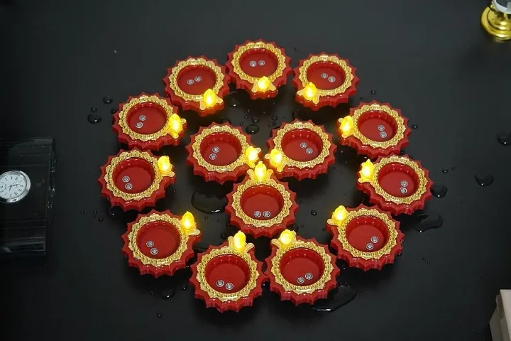 Madho Enterprises Led Water Sensor Diya Lights Electric Flameless  Smokeless LED Diya's, E-Diya for Diwali Decoration, Warm Orange Ambient Lights, Battery Operated Led Candles (Red, Pack of 12)