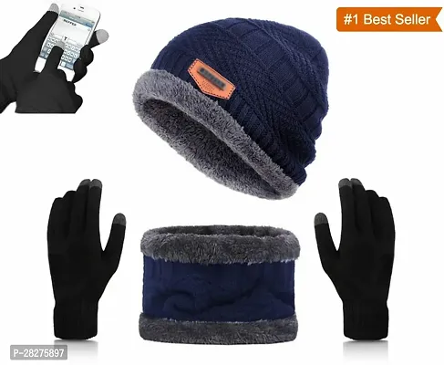 Classy Woolen Beanie Cap with Neck Warmer for Unisex with Glove-thumb0