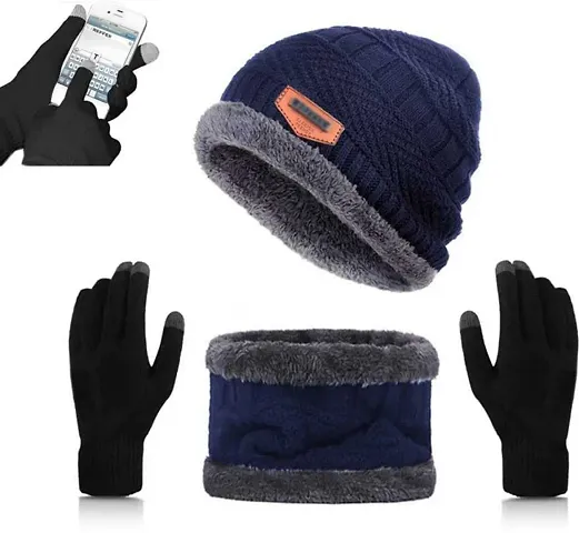 ZaySoo Men's and Women's Combo Winter Cap Scarf Gloves with Inside Fur Skull Hat Fitted to All - Free Size