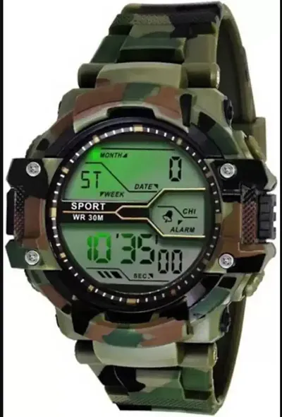 Digital Watch for Boys (Black Dial, Army Colored Strap)