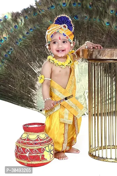 Baby Krishna Dress for Janmashtami with Krishna Mukut, Peacock Feather  Flute Embroidered Krishna Costume 3 Months-8 Years-thumb0