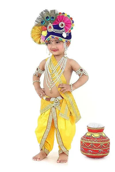 Raj Fancy Dresses Krishna Dress for Kids, Baby Krishna Dress for Janmashtami with Krishna Mukut, Feather Flute Embroidered Krishna Costume for Girl Boy, 3 Months-8 Years