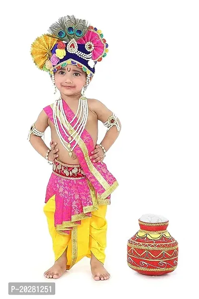 Raj Fancy Dresses Krishna Dress for Kids, Baby Krishna Dress for Janmashtami with Krishna Mukut, Peacock Feather  Flute Embroidered Krishna Costume for Girl  Boy, 3 Months-8 Years