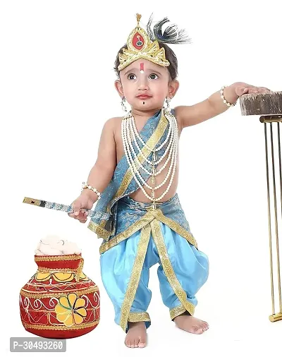 Baby Krishna Dress for Janmashtami with Krishna Mukut, Peacock Feather  Flute Embroidered Krishna Costume 3 Months-8 Years-thumb0