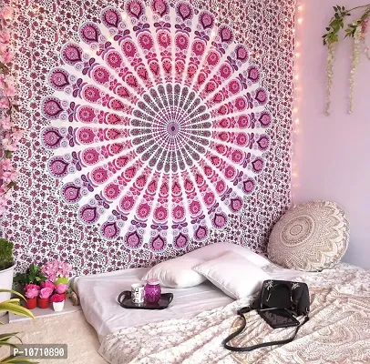 DRAVY HANDICRAFTS Tapestry Mandala Peacock Wing Tapestry Wall Hanging Bedsheet Cotton Bedsheet Wall Tapestry Bed Cover Wall Hanging Tapestry (Pink, Twin (84X54 Inches))