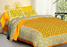 DRAVY HANDICRAFTS Cotton Double Bedsheet 300 TC Rajasthani Jaipuri Ahmadabad Traditional Printed Bedspread Bedcover Cotton Double Bedsheet with 2 Pillow Covers Size-90x84 Inches (Yellow)-thumb1