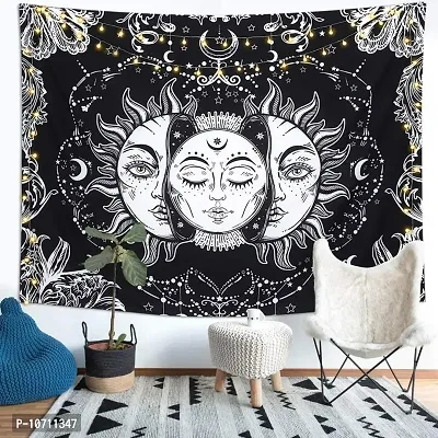 DRAVY HANDICRAFTS Cotton Sun Moon and Star Tapestry Wall Hanging (Twin, 84x54 Inches, Black & White)-thumb0