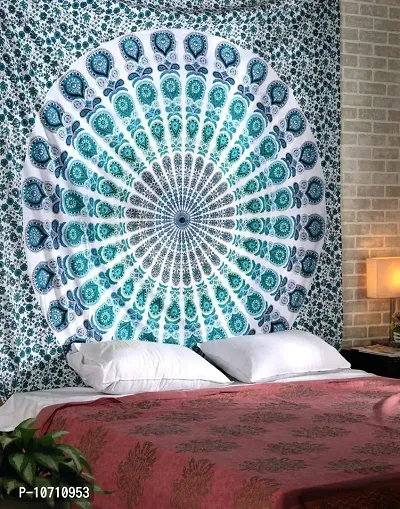 DRAVY HANDICRAFTS Tapestry Mandala Peacock Wing Tapestry Wall Hanging Bedsheet Cotton Bedsheet Wall Tapestry Bed Cover Wall Hanging Tapestry (Turquoise, Twin (84X54 Inches))-thumb2