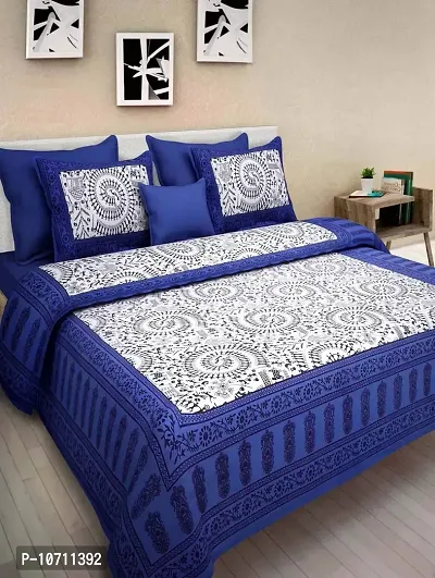 DRAVY HANDICRAFTS 300 TC Cotton Dobule Bedsheet Rajasthani Jaipuri Traditional Printed Bedspread Bedcover Double Bedsheet with 2 Pillow Covers Size-90x84 Inches (Blue)