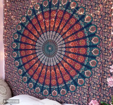 DRAVY HANDICRAFTS Tapestry Mandala Peacock Wing Tapestry Wall Hanging Bedsheet Cotton Bedsheet Wall Tapestry Bed Cover Wall Hanging Tapestry (Red and Green(COR), Twin (84X54 Inches))