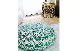 DRAVY HANDICRAFTS Tapestry Pouf Soft Cozy Large Floor Cushion Cover Ottoman Without Filler Size-32 inches Round Green Ombre Patang-thumb1