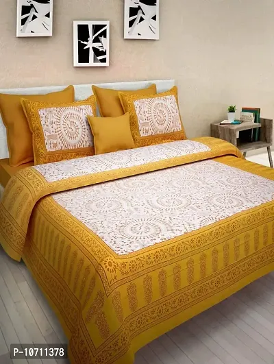 DRAVY HANDICRAFTS 300 TC Cotton Dobule Bedsheet Rajasthani Jaipuri Traditional Printed Bedspread Bedcover Double Bedsheet with 2 Pillow Covers Size-90x84 Inches (Yellow 1)