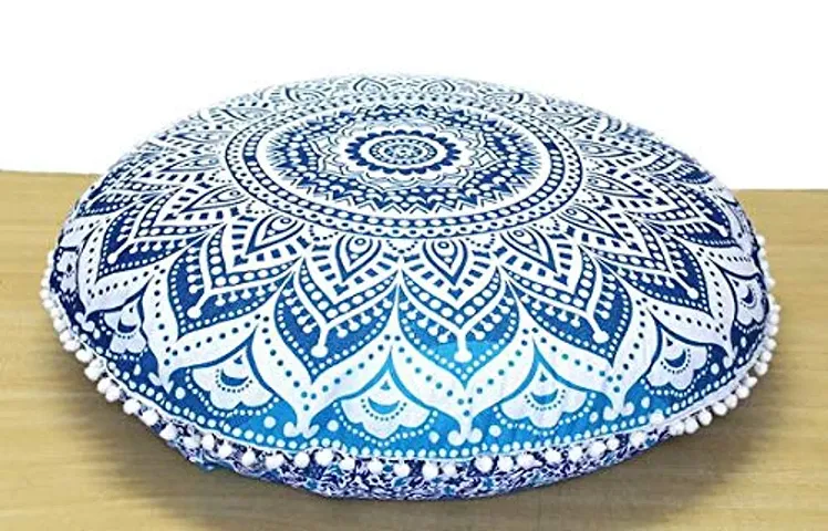 Jiya MURTI Arts Tapestry Pouf Mandala Large Floor Cushion Cover Ottoman Without Filler (32" inches Round) Blue Ombre