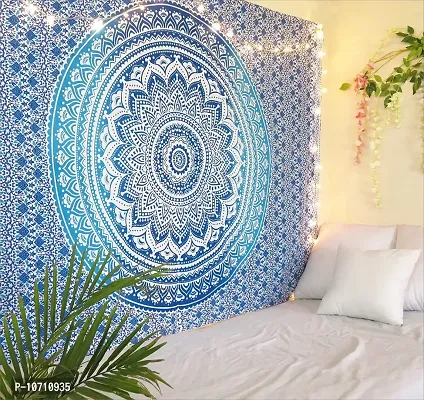 DRAVY HANDICRAFTS Cotton Mandala Ombre Tapestry Wall Hanging Bedsheet (Blue, Twin , 84x54 Inches)