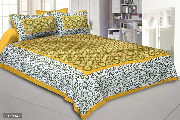 DRAVY HANDICRAFTS Cotton Double Bedsheet 300 TC Rajasthani Jaipuri Ahmadabad Traditional Printed Bedspread Bedcover Cotton Double Bedsheet with 2 Pillow Covers Size-90x84 Inches (Yellow)-thumb0