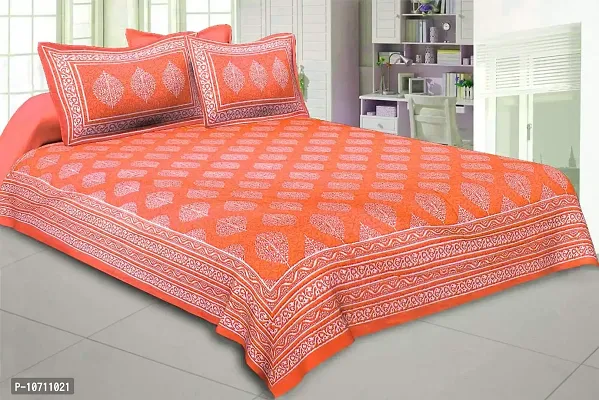 DRAVY HANDICRAFTS 300 TC Poddha Cotton Dobule Bedsheet Rajasthani Jaipuri Traditional Printed Bedspread Bedcover with 2 Pillow Covers (Orange, Double (100x90 Inches))