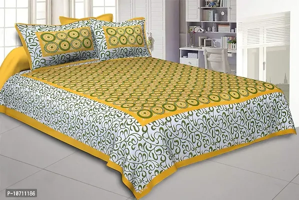 DRAVY HANDICRAFTS 300 TC Cotton Dobule Bedsheet Rajasthani Jaipuri Traditional Printed Bedspread Bedcover with 2 Pillow Covers (Yellow, Double (100x90 inches))-thumb2