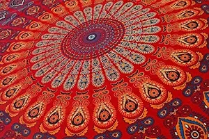 Dravy Handicrafts Peacock Wing Single Wall Hanging Tapestry/Bedspread/ Throw Blanket/ Mat (Red, 84 x 54 Inches)-thumb2