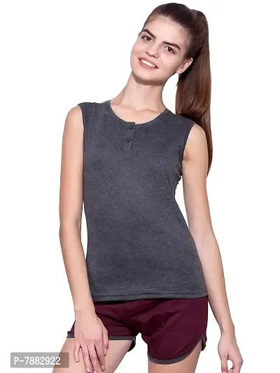 Ap'pulse Women's Sleeveless Henley Tshirt Charcoal-thumb1