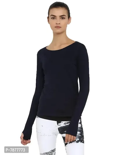 Ap'pulse Women's Solid Slim Fit Tshirt (AP-WN-RN-LS-THUMBOPEN-409_Navy Small)