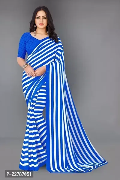 Stylish Silk Blend Blue Striped Saree with Blouse piece For Women-thumb0