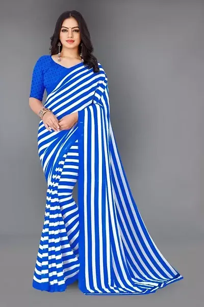 Stylish Silk Blend Striped Saree with Blouse piece For Women