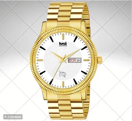Stylish Steel Round Shape Dial Golden Analogue Watch For Men With Day And Date Display