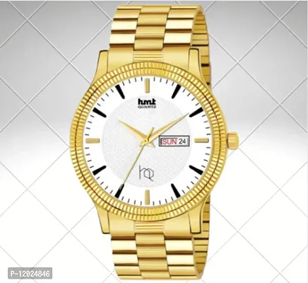 Stylish Steel Round Shape Dial Golden Analogue Watch For Men With Day And Date Display-thumb0