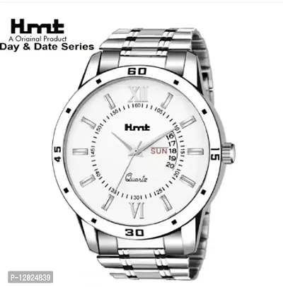 Stylish Steel Round Shape Dial White Analogue Watch For Men With Day And Date Display