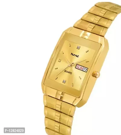 Stylish Steel Rectangle Shape Dial Golden Analogue Watch For Men With Day And Date Display-thumb2