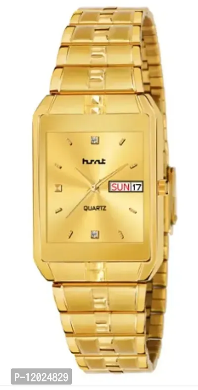 Stylish Steel Rectangle Shape Dial Golden Analogue Watch For Men With Day And Date Display