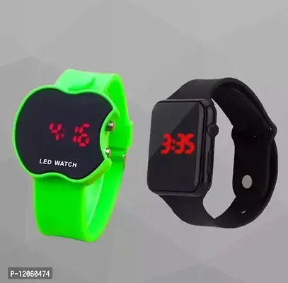 Stylish Parrot Green And Black Apple Shape And Smart Digital Led Watch Combo For Boys And Girls