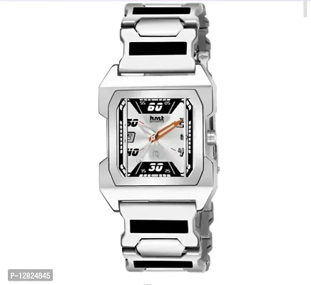 Stylish Steel Rectangle Shape Dial Silver Analogue Watch For Men With Day And Date Display