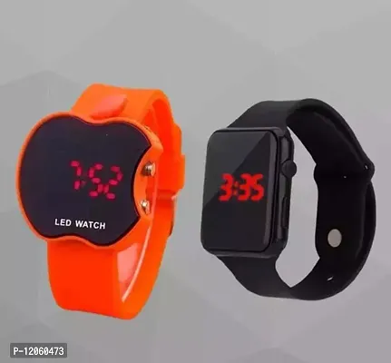 Stylish Orange And Black Apple Shape And Smart Digital Led Watch Combo For Boys And Girls-thumb0