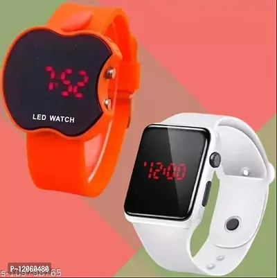 Stylish Orange And White Apple Shape And Smart Digital Led Watch Combo For Boys And Girls