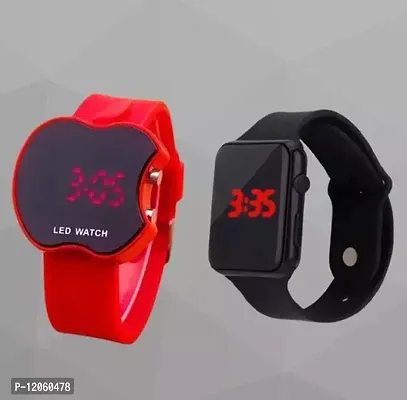 Stylish Red And Black Apple Shape And Smart Digital Led Watch Combo For Boys And Girls-thumb0