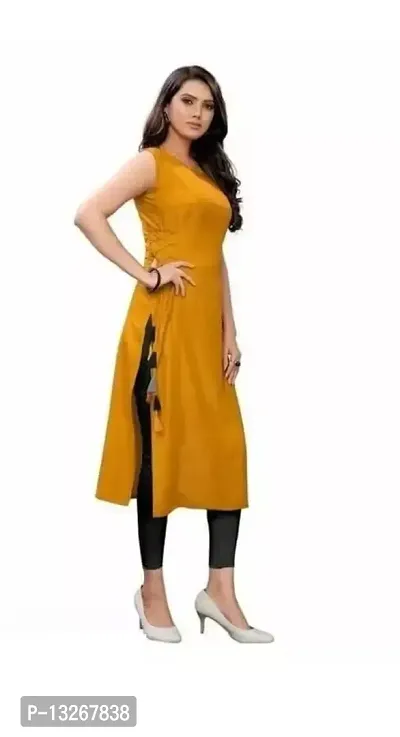 SK Enterprises? Straight Rayon Plain Sleeveless Kurta for Women/Girls(ES-Yellow-L)-thumb3