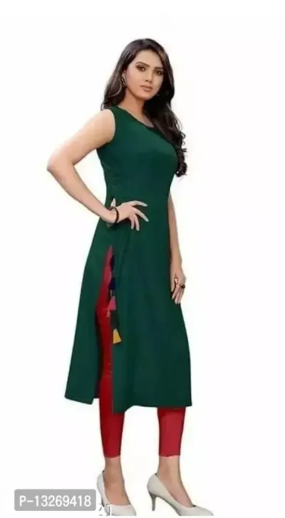 SK Enterprises? Straight Rayon Plain Sleeveless Kurta for Women/Girls(ES-Green-M)-thumb2