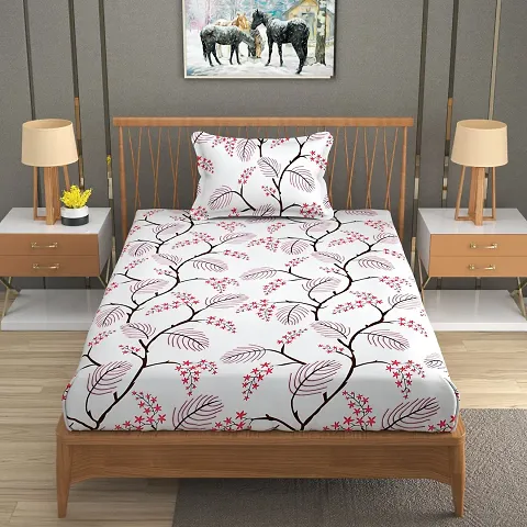 Printed Glace Cotton Single Fitted Bedsheet with 2 Pillow Cover