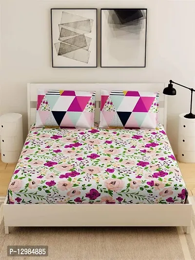 Comfortable Glace Cotton Printed Fitted(elastic) Bedsheet with 2 Pillow Covers-thumb0