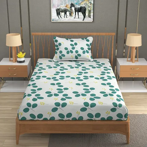 Printed Glace Cotton Single Fitted Bedsheet with 2 Pillow Cover