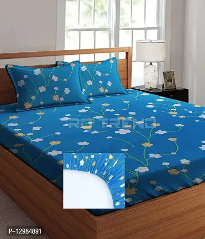 Comfortable Glace Cotton Printed Fitted(elastic) Bedsheet with 2 Pillow Covers-thumb0